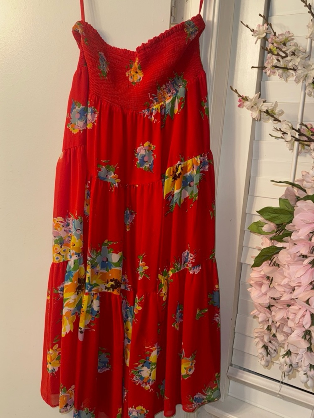 Ralph Lauren Red Floral Tiered Maxi Skirt with Smocked Waistband - Picture 3 of 6